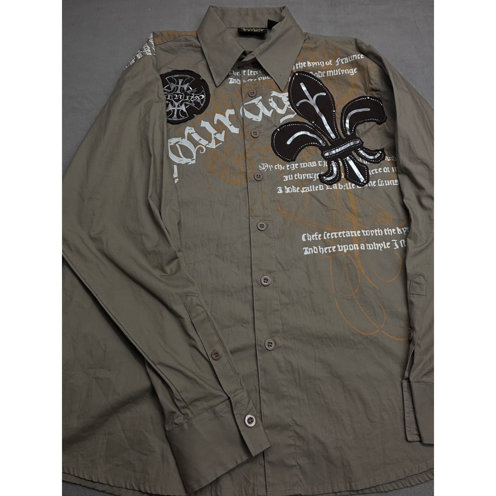Raw Blue The Denim Guruz Mens XL Brown Graphic Fleur De Lis Button Shirt Y2k